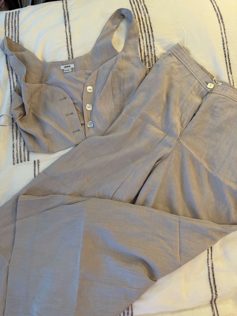 Jason Wu Soft Mauve Button Crop Top & Wide-Leg Pants Set - Picture 2 of 5